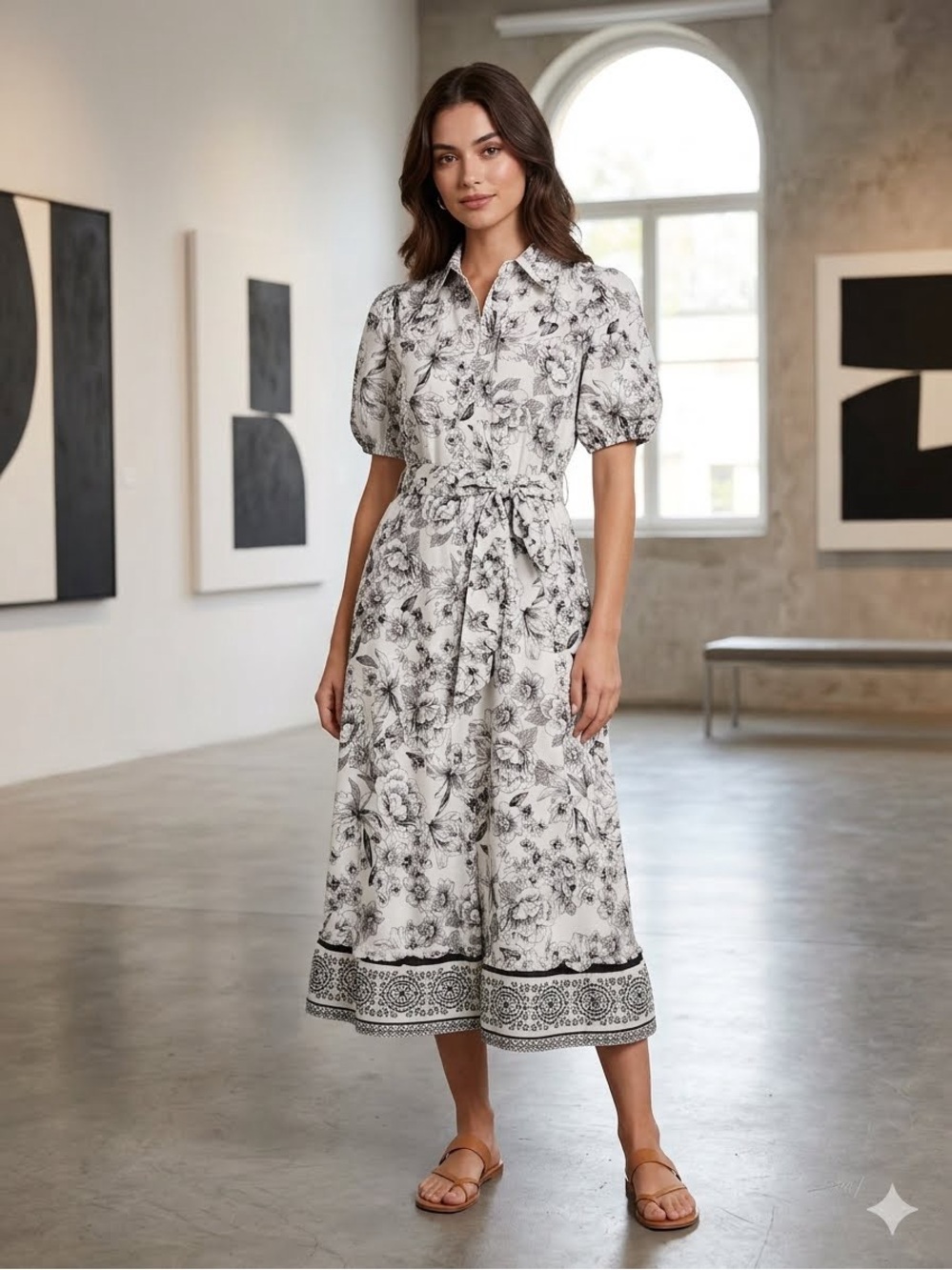 Joie Floral Midi Shirt Dress White Black Belted Short Sleeve Cotton Women's Sz 4